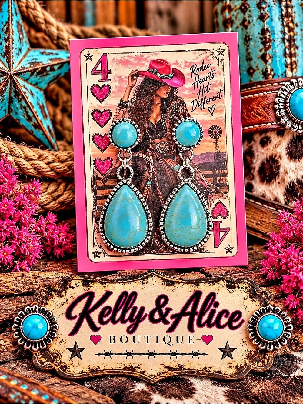 Kelly & Alice Turquoise-Style Statement Earrings in Blue & Pink NWT